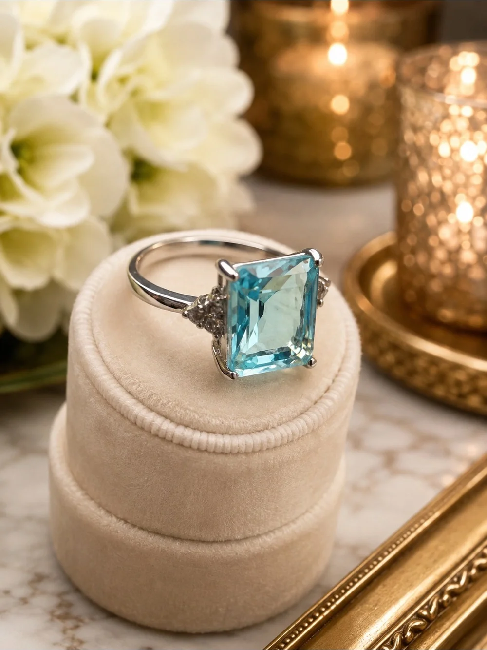 Emerald Cut Aqua Blue Statement Ring – Clear Accent Stones – 925 Sterling